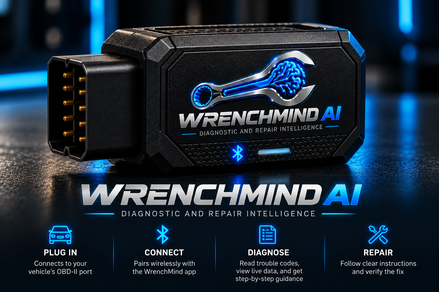 WrenchMind AI Bluetooth diagnostic dongle concept with Plug In, Connect, Diagnose and Repair workflow
